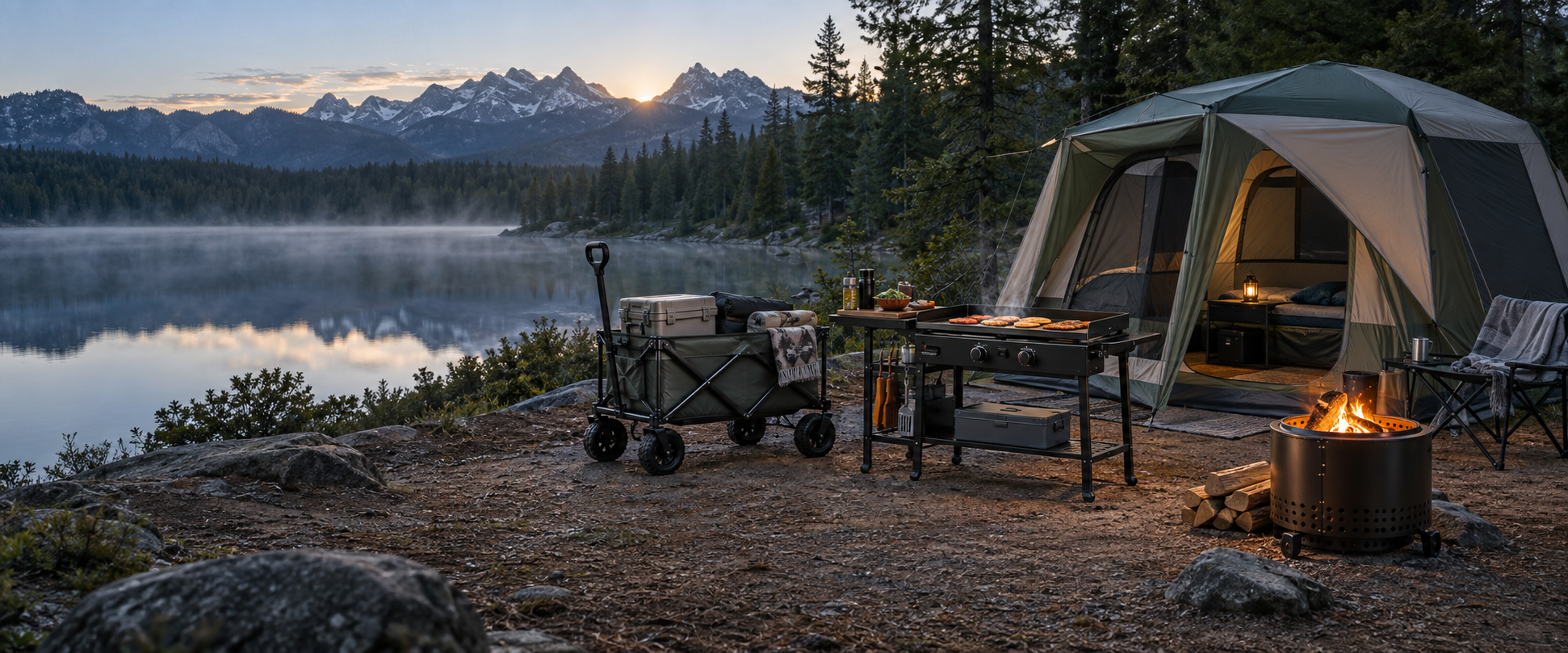 A tent, folding wagon, outdoor griddle and fire pit at a lakeside campsite